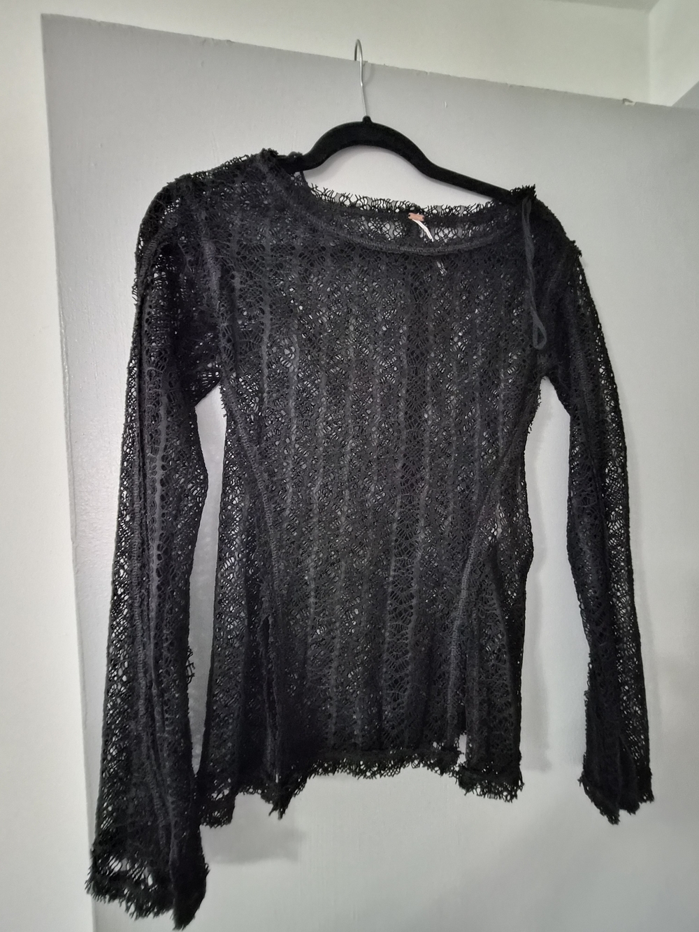 Free People Black Sheer Lace Long Sleeve Top